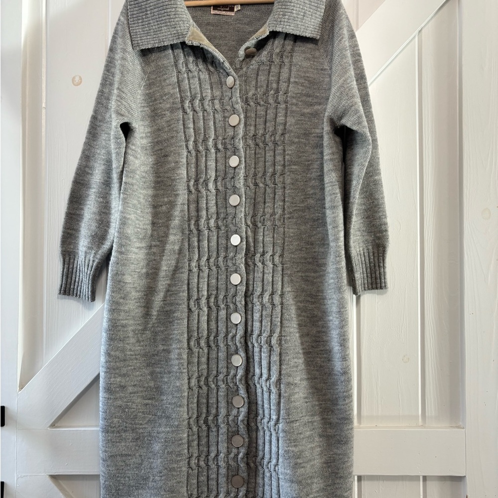 Vintage May Claire Wool Orlon Blend Gray Knit Button-Up Cardigan Duster Coat M - Picture 3 of 7